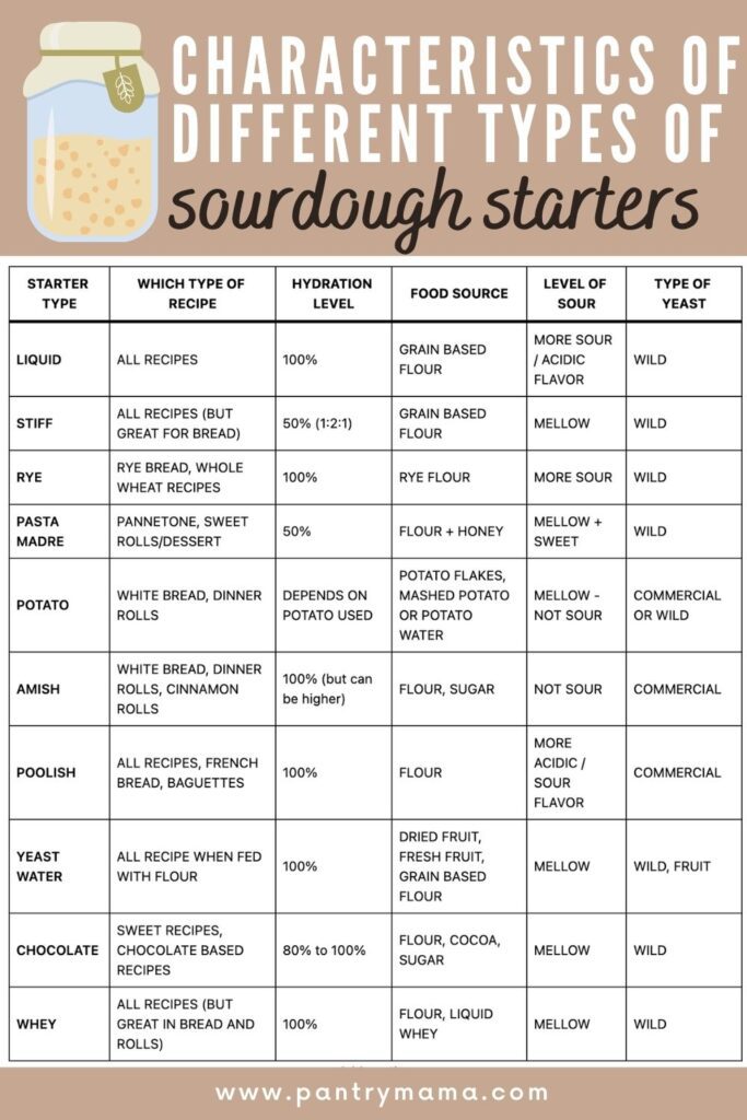 Table showing the characteristics of 10 different types of sourdough starters.