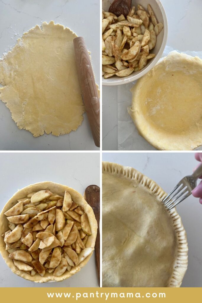 Rolling out short crust pastry and lining pie dish with the pastry before pouring in prepared apple pie filling.