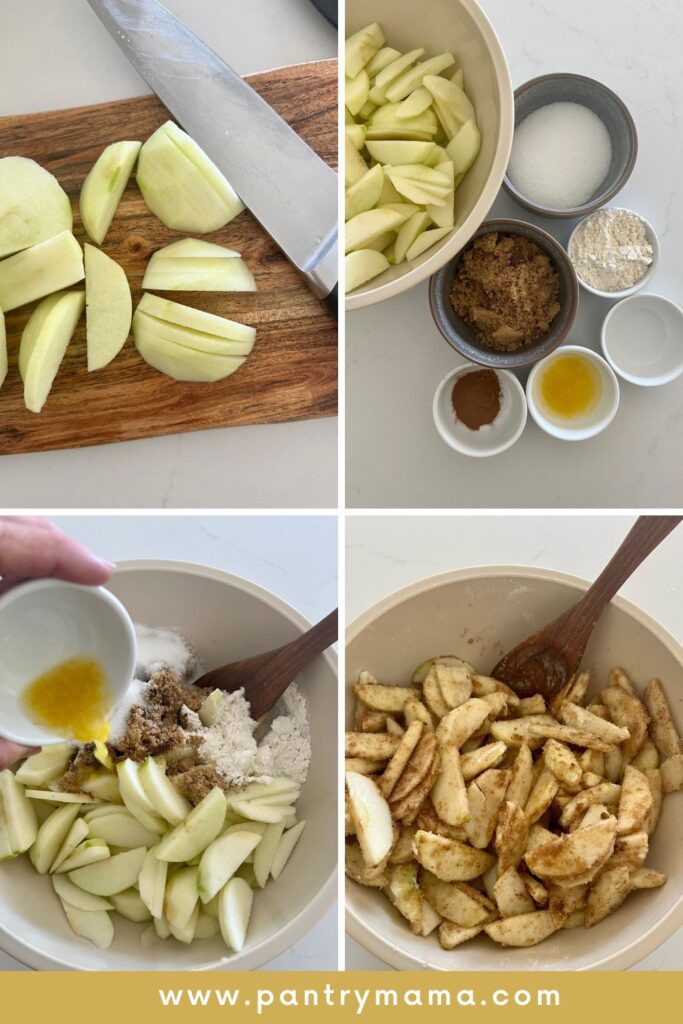 Process photos showing how to make sourdough apple pie - from slicing the apples, organising the dry ingredients and then combining apples and other ingredients in a large mixing bowl.