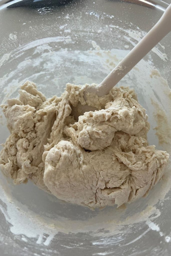 Shaggy sourdough mix that has just been brought together for autolyse.