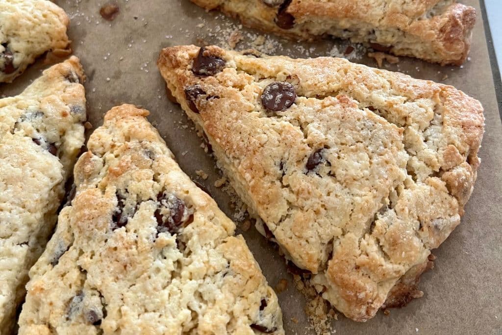Sourdough chocolate chip scones cut into wedges.