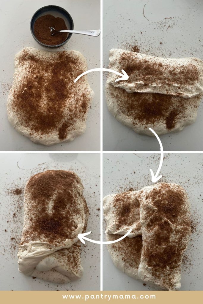 Sourdough bread being shaped with the cinnamon swirl. There are 4 photos showing this process.