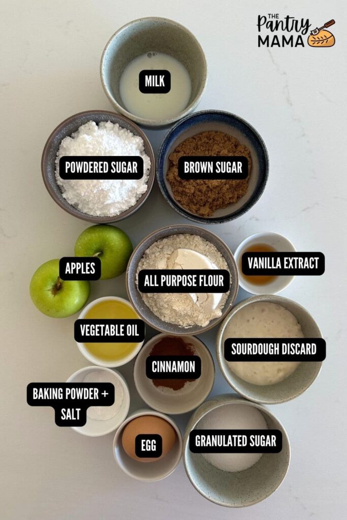 Flat lay of ingredients necessary to make sourdough discard apple fritter bread.