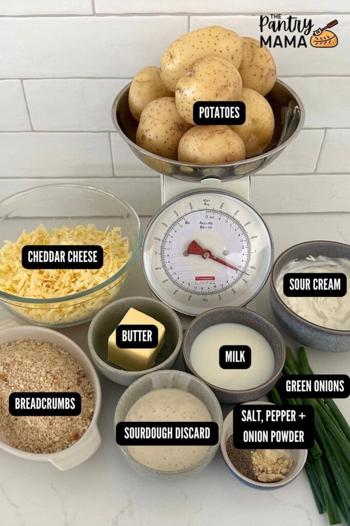 Flat lay of ingredients necessary to make a sourdough hash brown casserole.