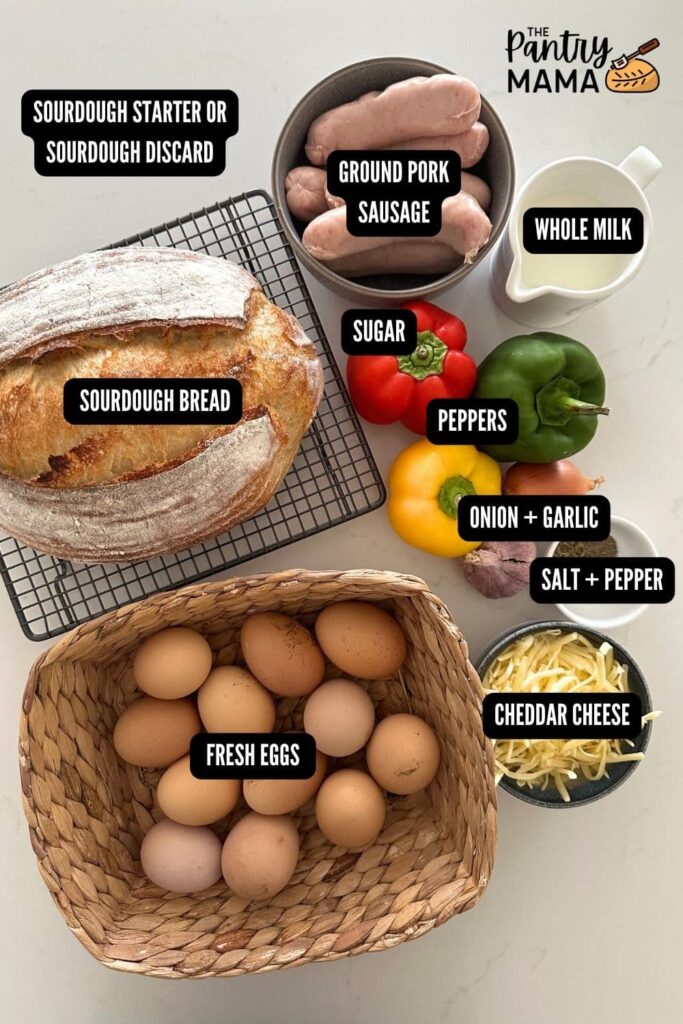 Flat lay of ingredients necessary to make sourdough breakfast casserole.