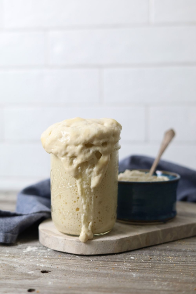 Jar of sourdough starter bubbling over the top of the jar.